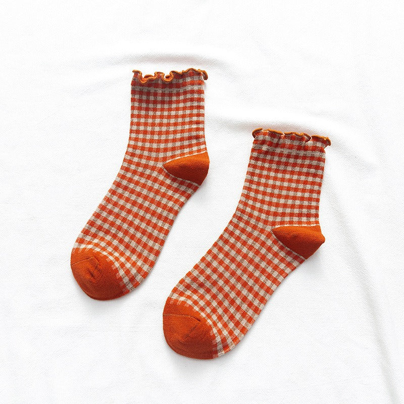 Plaid Ruffle Trim Mid-Calf Socks Women Preppy N6H006
