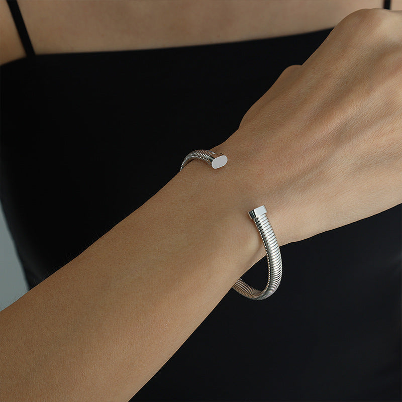 Threaded Wide Bangle Steel Collar Stud Set Titanium S5P258