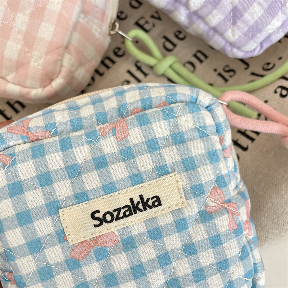 Padded Plaid Corduroy Pouch Women Multi purpose S5P870