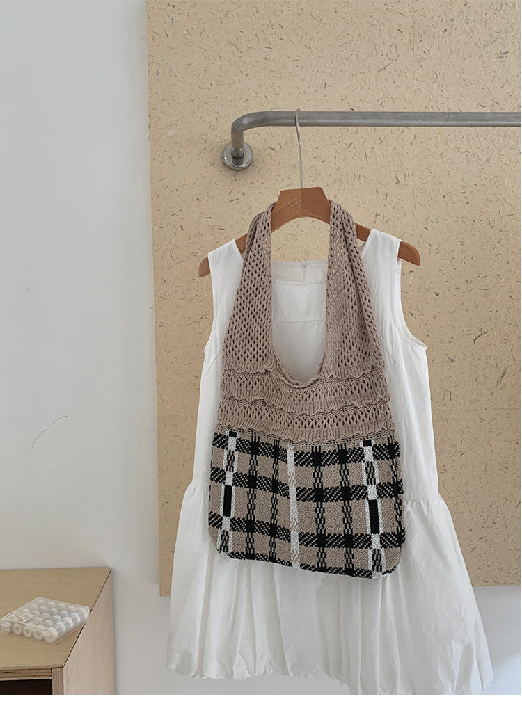 Gingham Openwork Knit Tote Bag Vintage Women N6C059