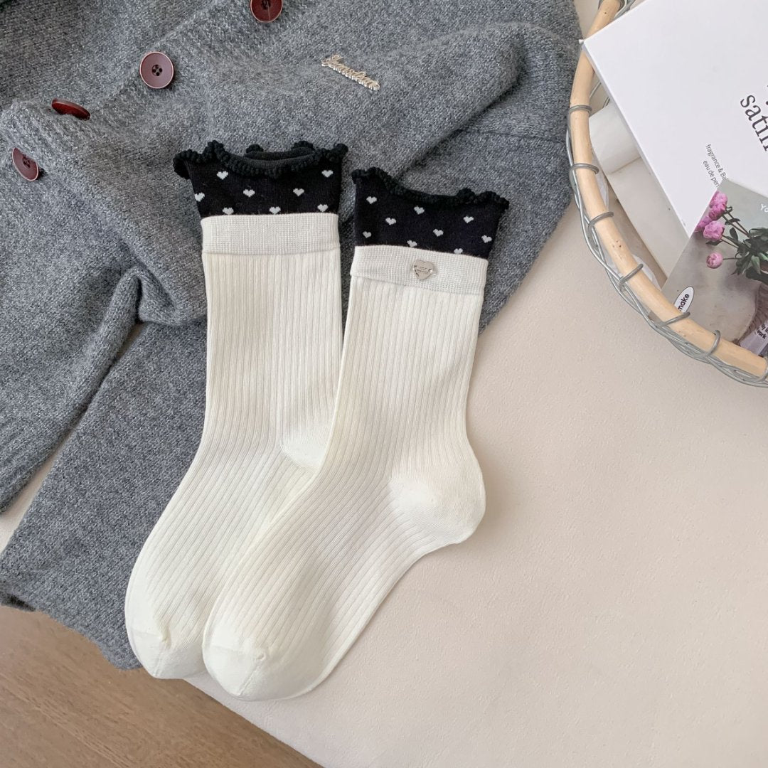 Color Block Ruffle Trim Socks Polka Dot Button Accent M5A022