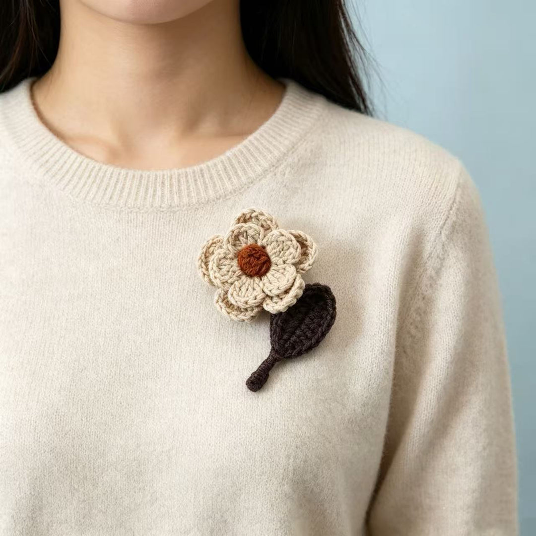 Handmade Crochet Brooch 3D Wool Flower Leaf Pin N6G014