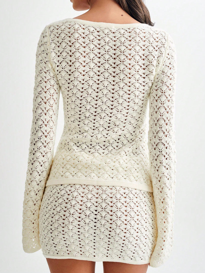 Lace Knit Cardigan Skirt Set Women N6C379