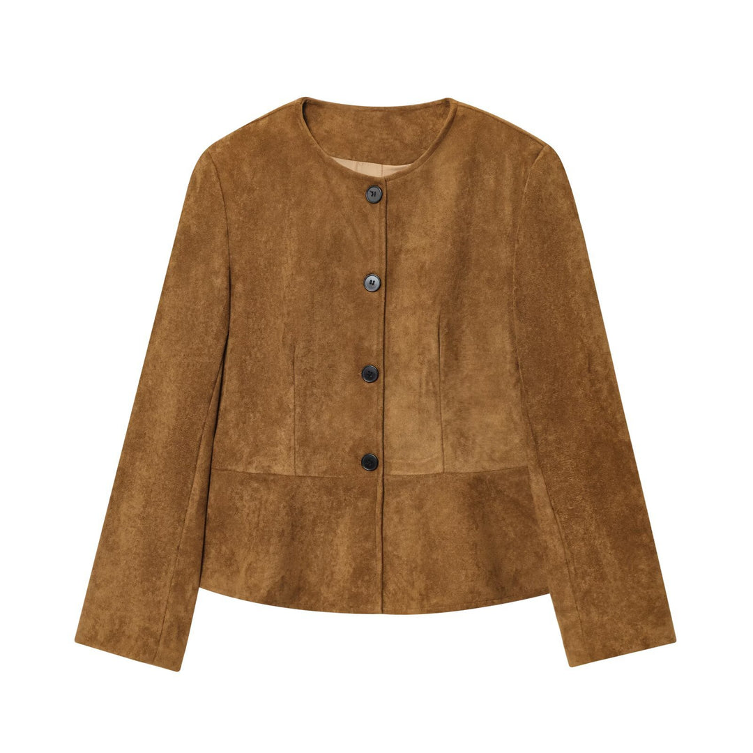 Round Neck A Line Jacket Women Brown N5A399
