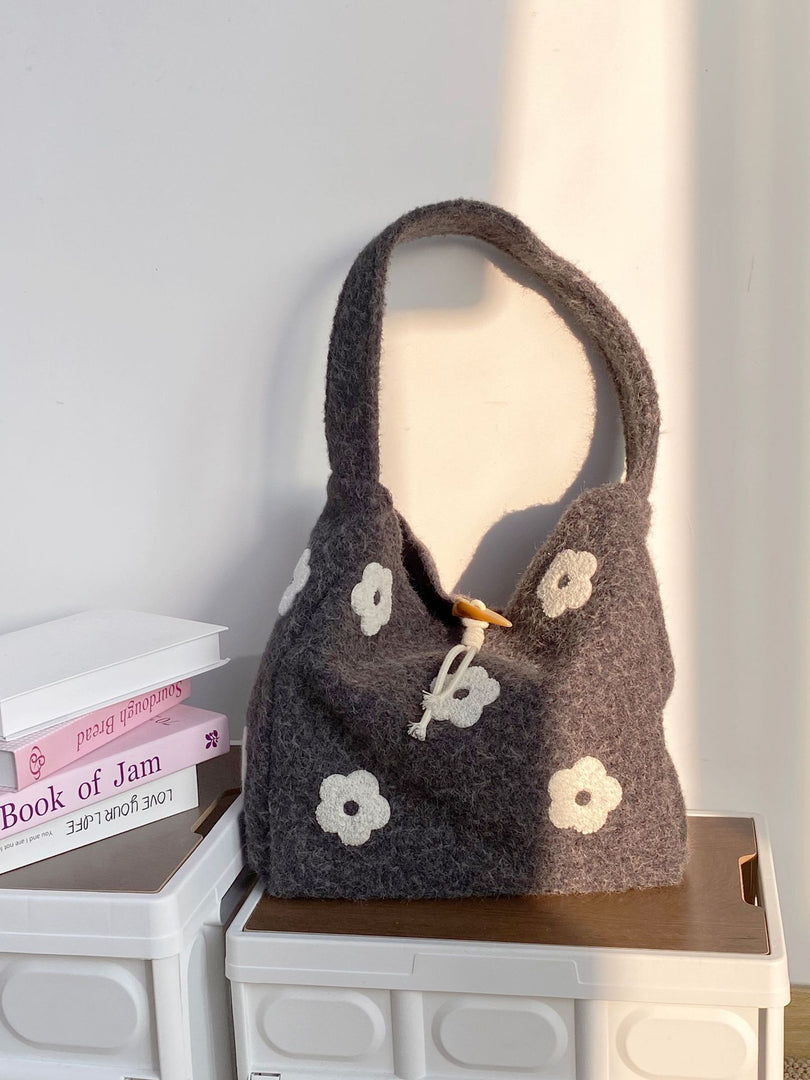Women's Plush Floral Embroidered Tote Bag N6J218