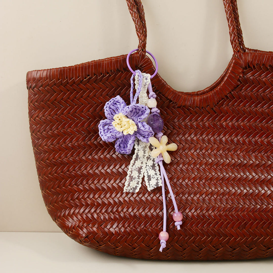 Raffia Double Flower Beaded Bag Charm Keychain N6G067