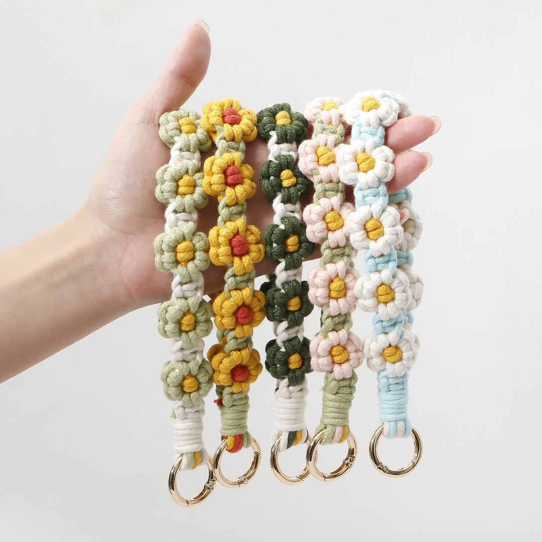 Daisy Flower Keychain Handwoven Wristlet Spring Coil N6G040