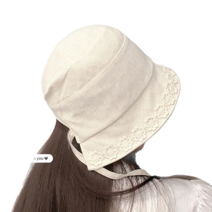 Lace Trim Linen Blend Bucket Hat Women N6C389