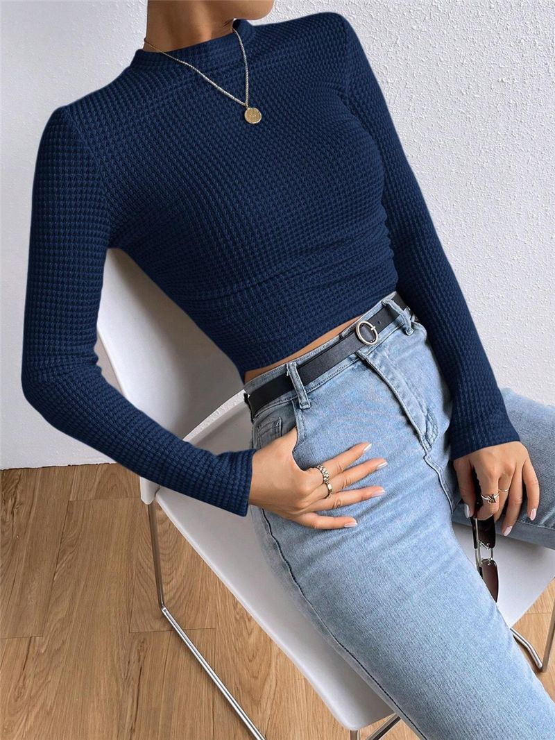 Fitted Checkered Long Sleeve Ruffle T-shirt Women N6C323