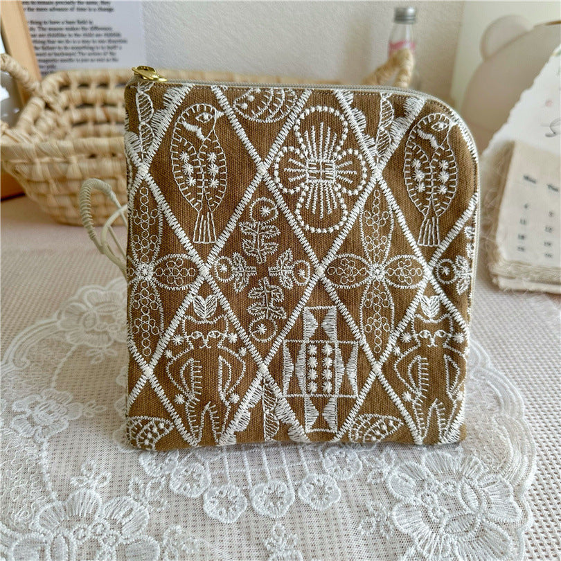 Embroidered Cotton Square Pouch L-Zipper Organizer S5P286