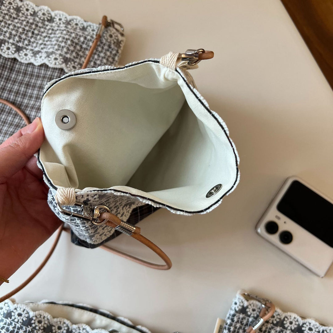 Vintage Plaid Crossbody Phone Bag with Lace Trim N6E038