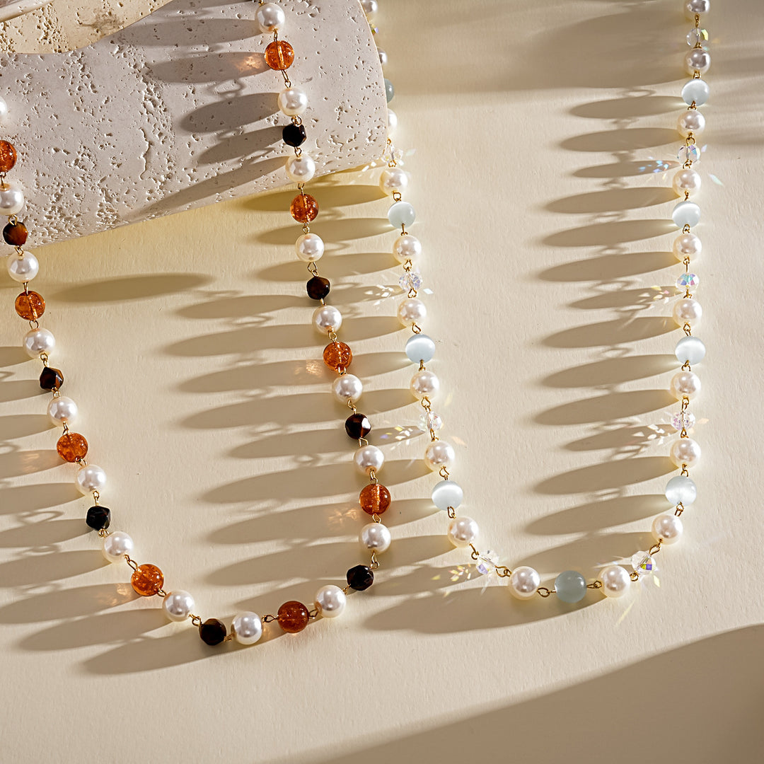 Vintage Contrast Cat's Eye Tiger Eye Pearl Necklace N6H144
