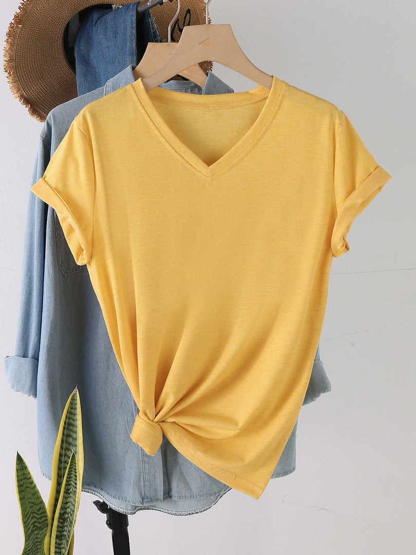 Minimalist Solid Color V-Neck T-Shirt Women N6E140