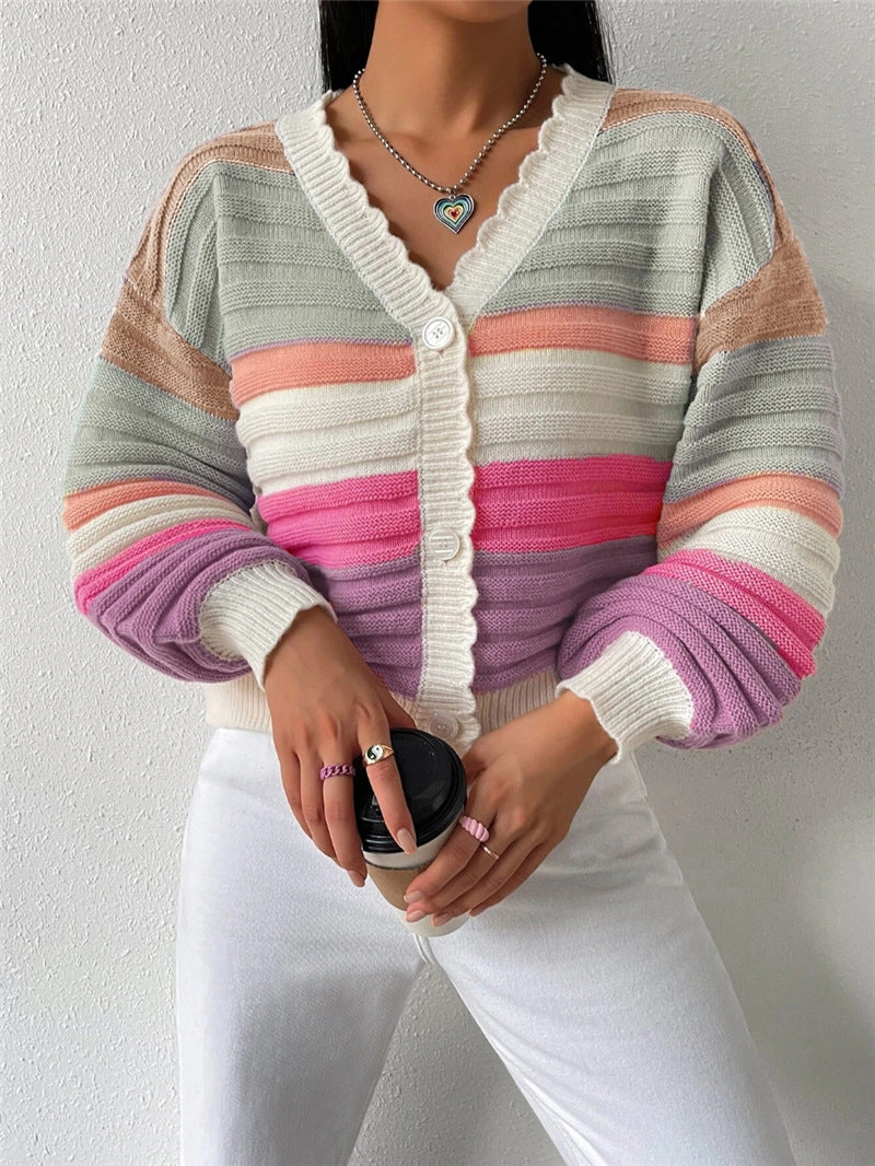 Colorblock Rainbow Lantern Sleeve Cardigan Women N6G287