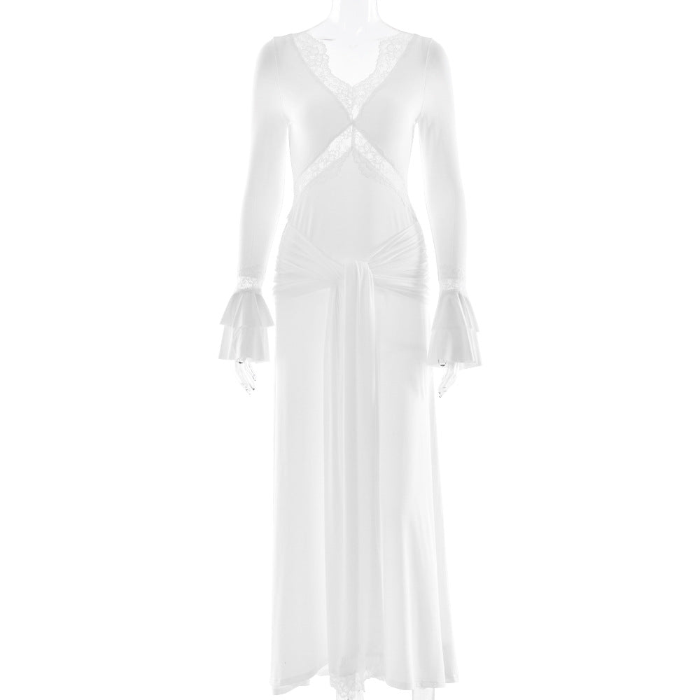 Pleated Bell Sleeve Open Back Dress Women N5A323