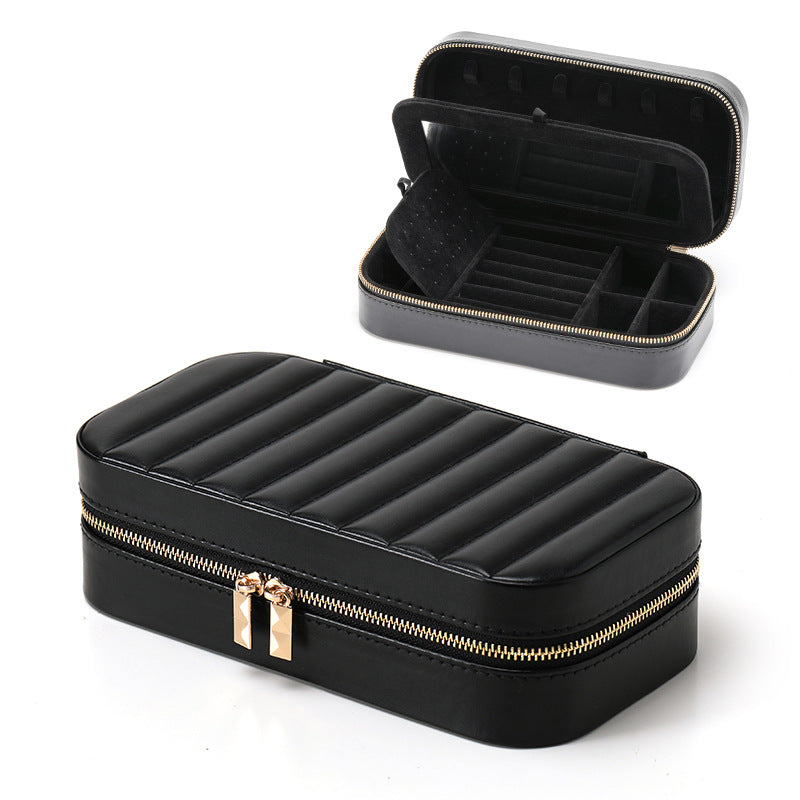 Striped Metal Zipper Jewelry Box Leather Travel Case N6G082