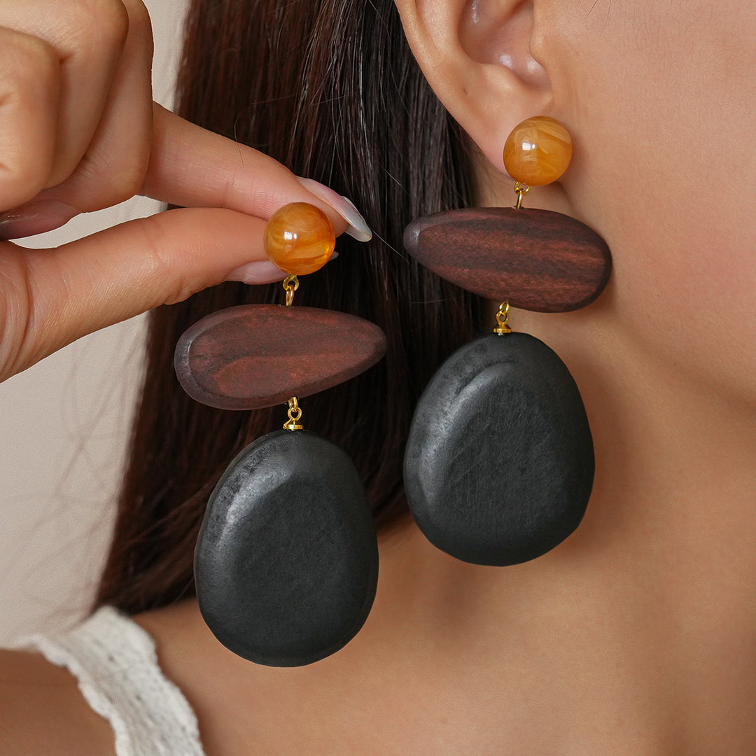 Resin Wood Drop Heart Round Silver Stud Earrings N6H090