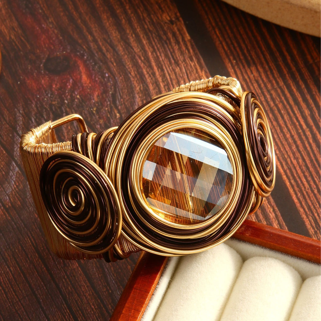 Vintage Punk Handwoven Wire Crystal Open Cuff Bangle N6F271