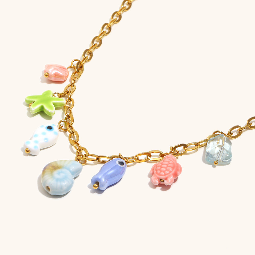 Multicolor Fish Pendant Chain Steel Gold Plated S5P213