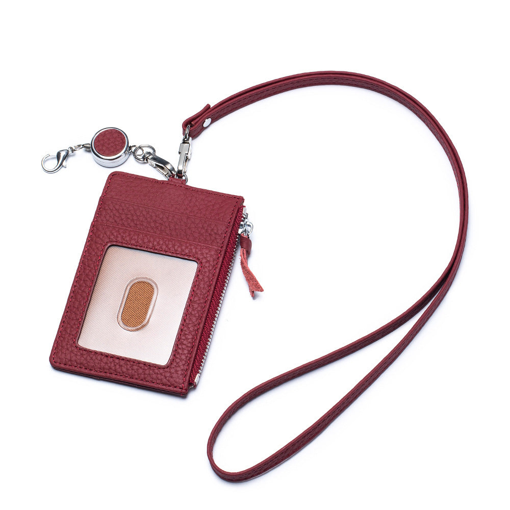 Genuine Leather Retractable Neck ID Card Holder N6D026