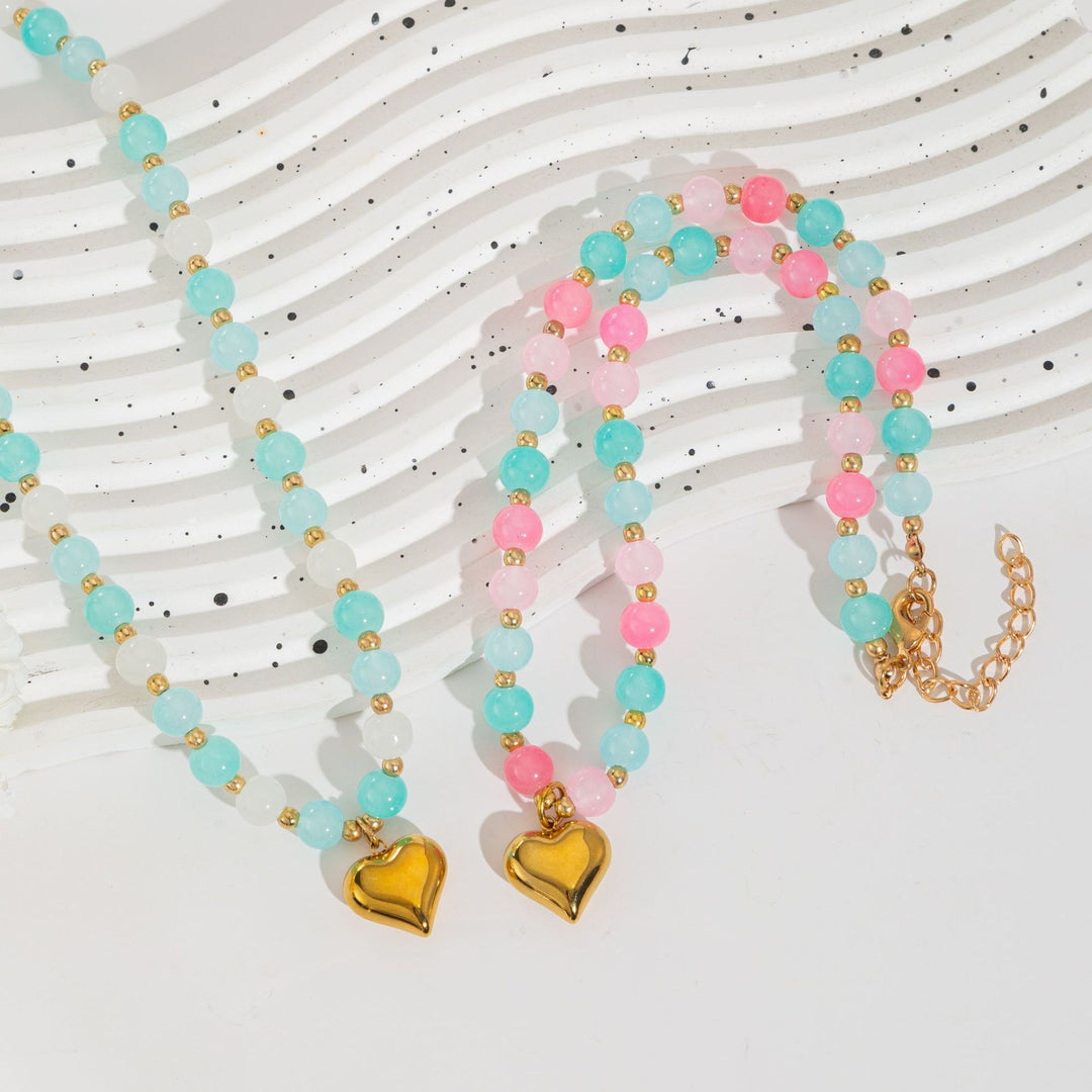 Heart Lucite Beaded Braided Necklace Stainless Steel  N6E120