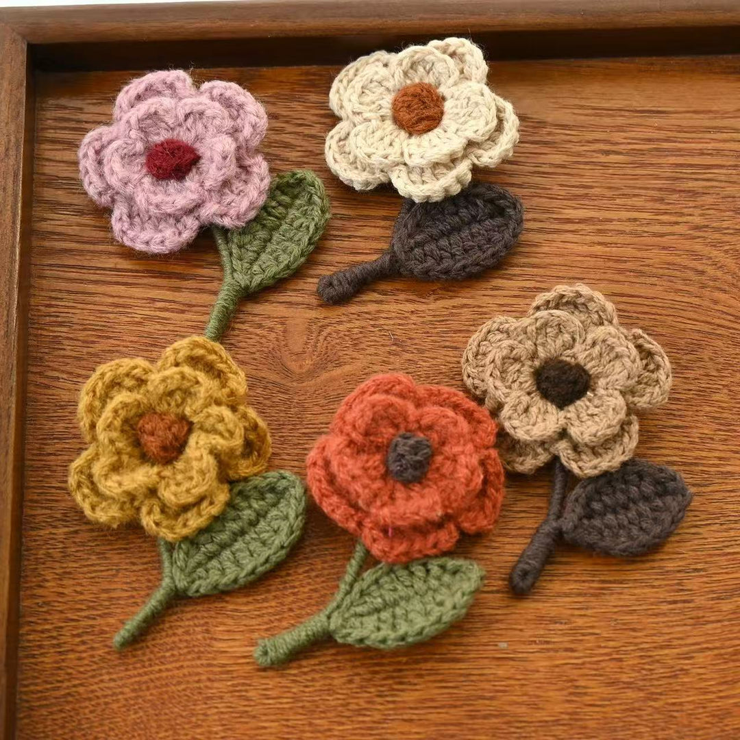 Handmade Crochet Brooch 3D Wool Flower Leaf Pin N6G014