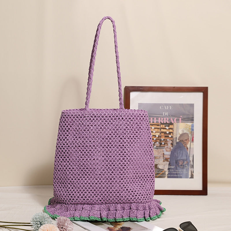 Ruffle Hem Openwork Straw Shoulder Bag with Zipper N6E055