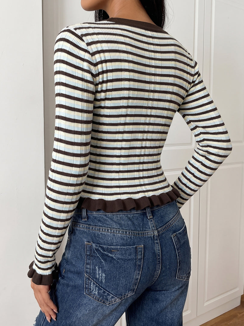 Striped Round Neck Cropped Flare Sleeve Sweater N6H297