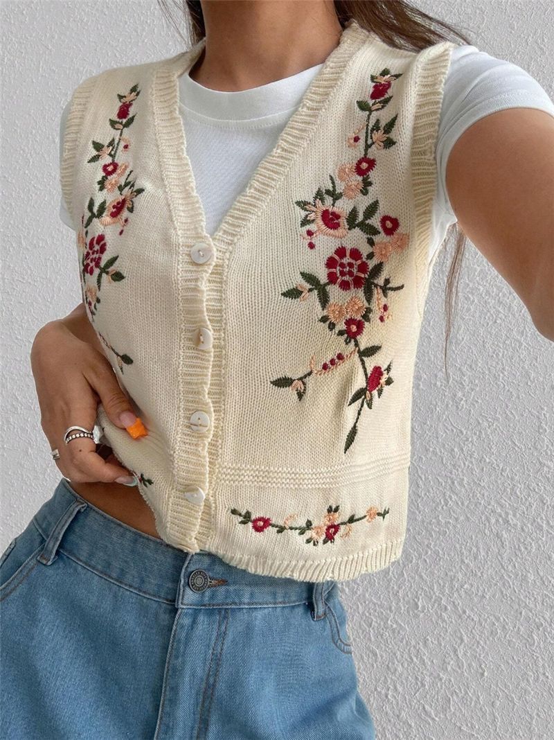 Embroidered Knit Vest Cardigan Women N6C321