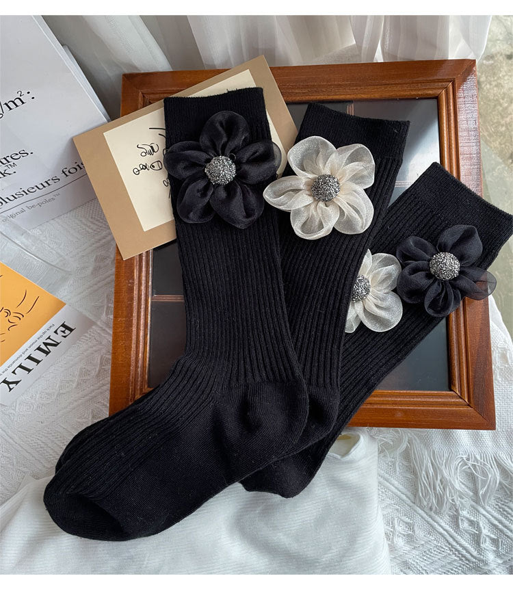 3D Floral Solid Mid-Calf Socks Women Cotton Black N6H033