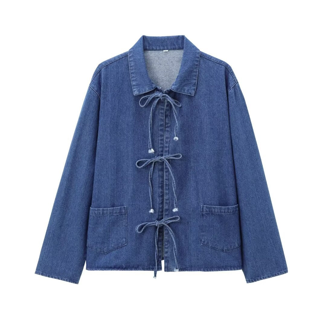 Utility Washed Denim Shirt Detachable Bow  N5Z326