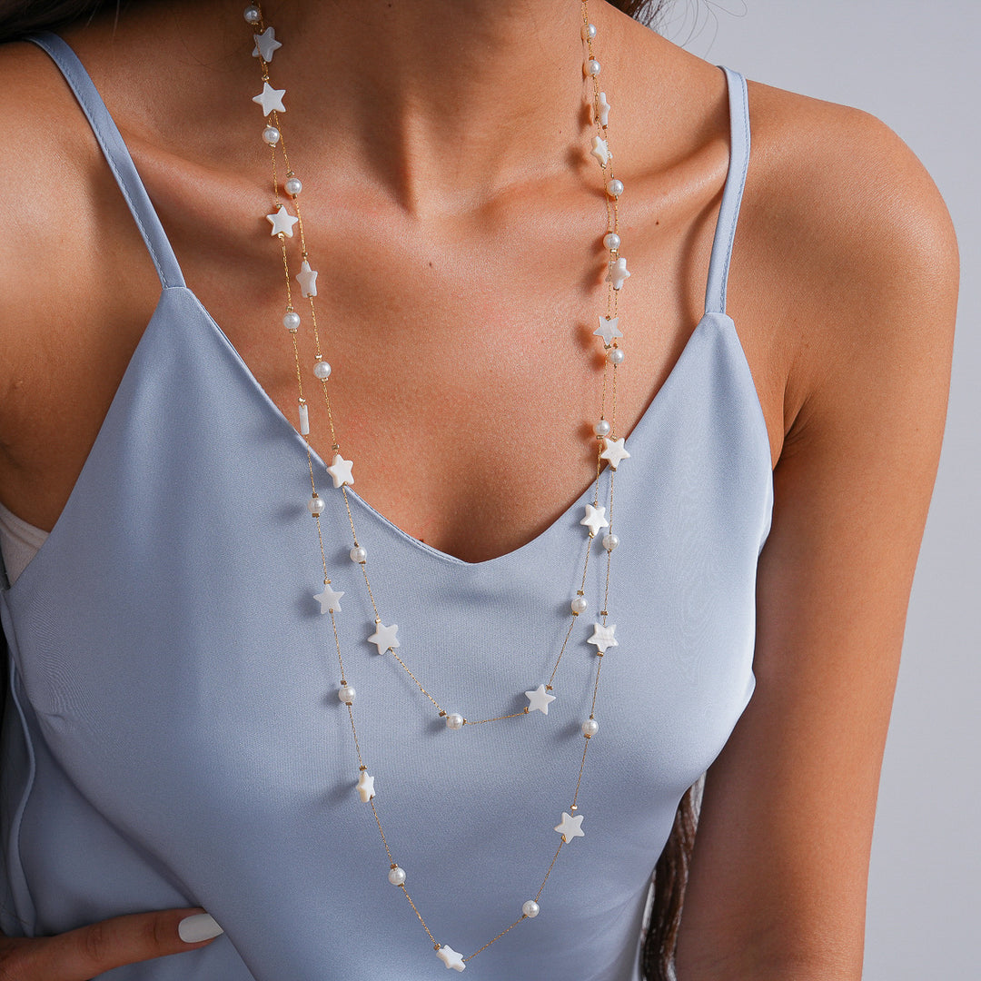 Layered Star Shell Pearl Stainless Steel Necklace Women N6H157