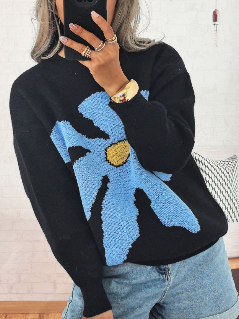 Floral Contrast Round Sweater Mid Heavy Options N5A220