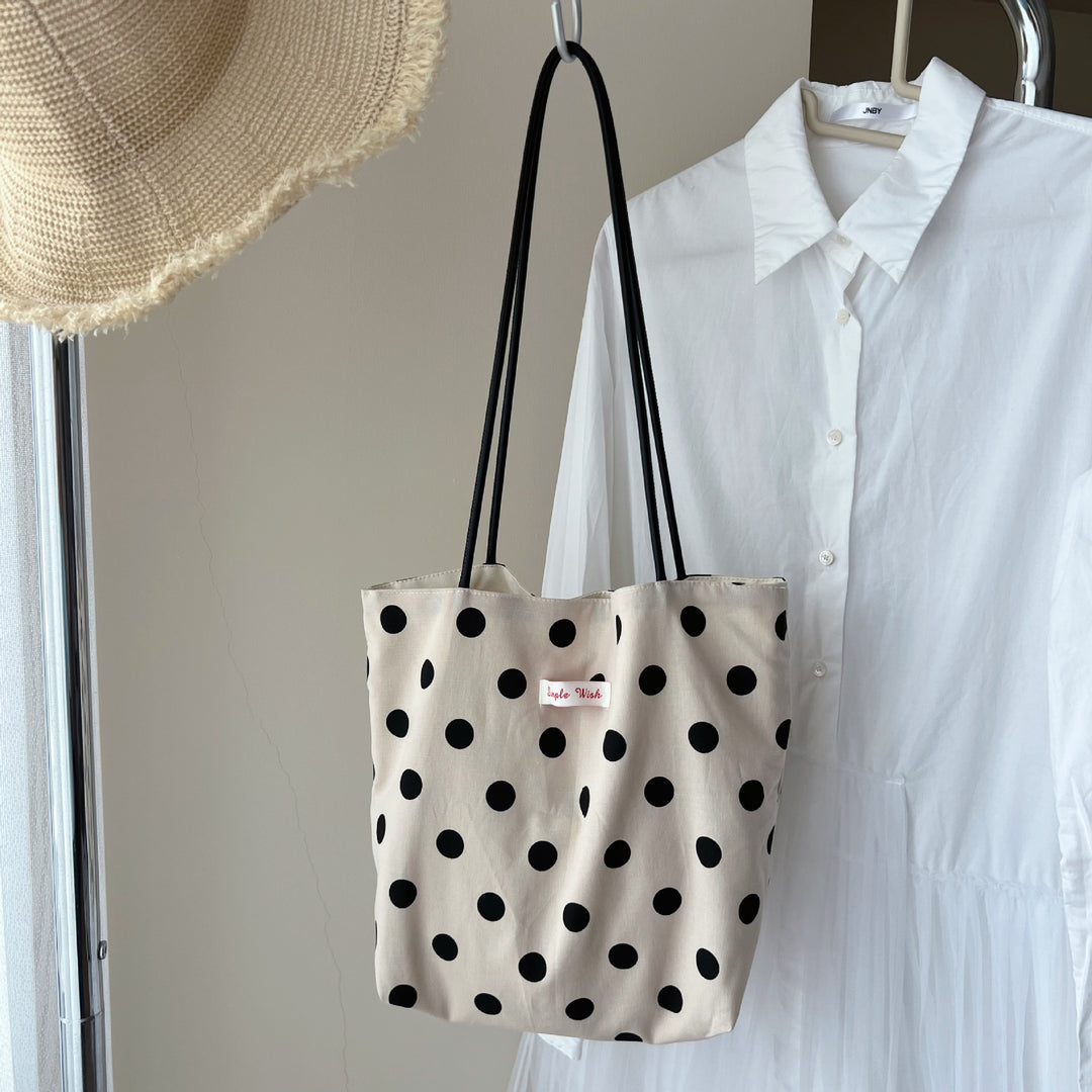 Black Rice Polka Dot Cotton Linen Bag Handheld Shoulder N6F183