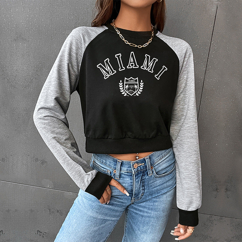 Color Block Cropped Letter Sweater Raglan Dark Gray N5Z520