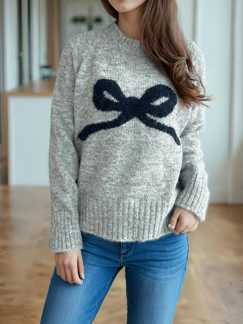 Round Neck Bow Knit Sweater Casual Women N6G147