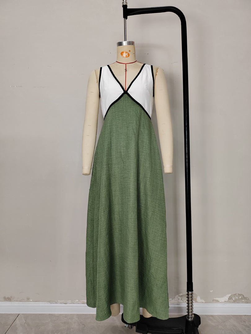 Elegant Contrast V-Neck Backless Green Maxi Dress N6A088
