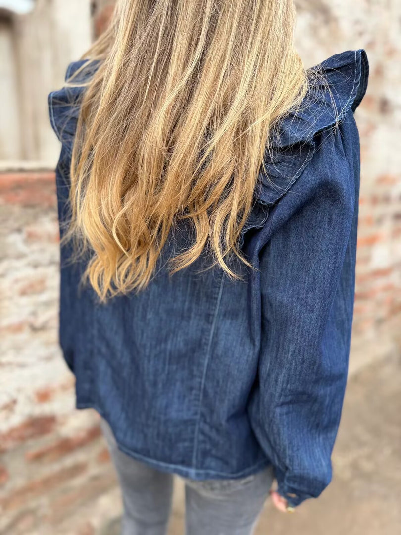 New Ruffle Trim Denim Shirt Jacket Women N6G296