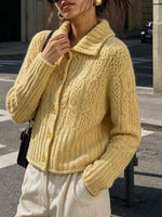 Load image into Gallery viewer, Cable-Knit Polo Collar Openwork Button Cardigan Women N6H284