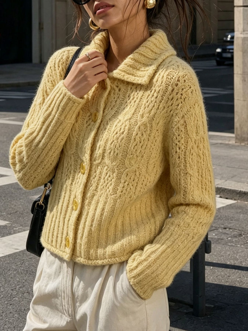 Cable-Knit Polo Collar Openwork Button Cardigan Women N6H284