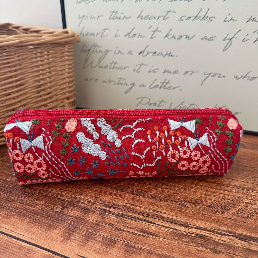 Embroidered Floral Canvas Pencil Case Makeup Bag N6F149