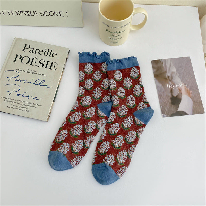 Ruffle Trim 3D Floral Cotton Mid Calf Socks M5A072
