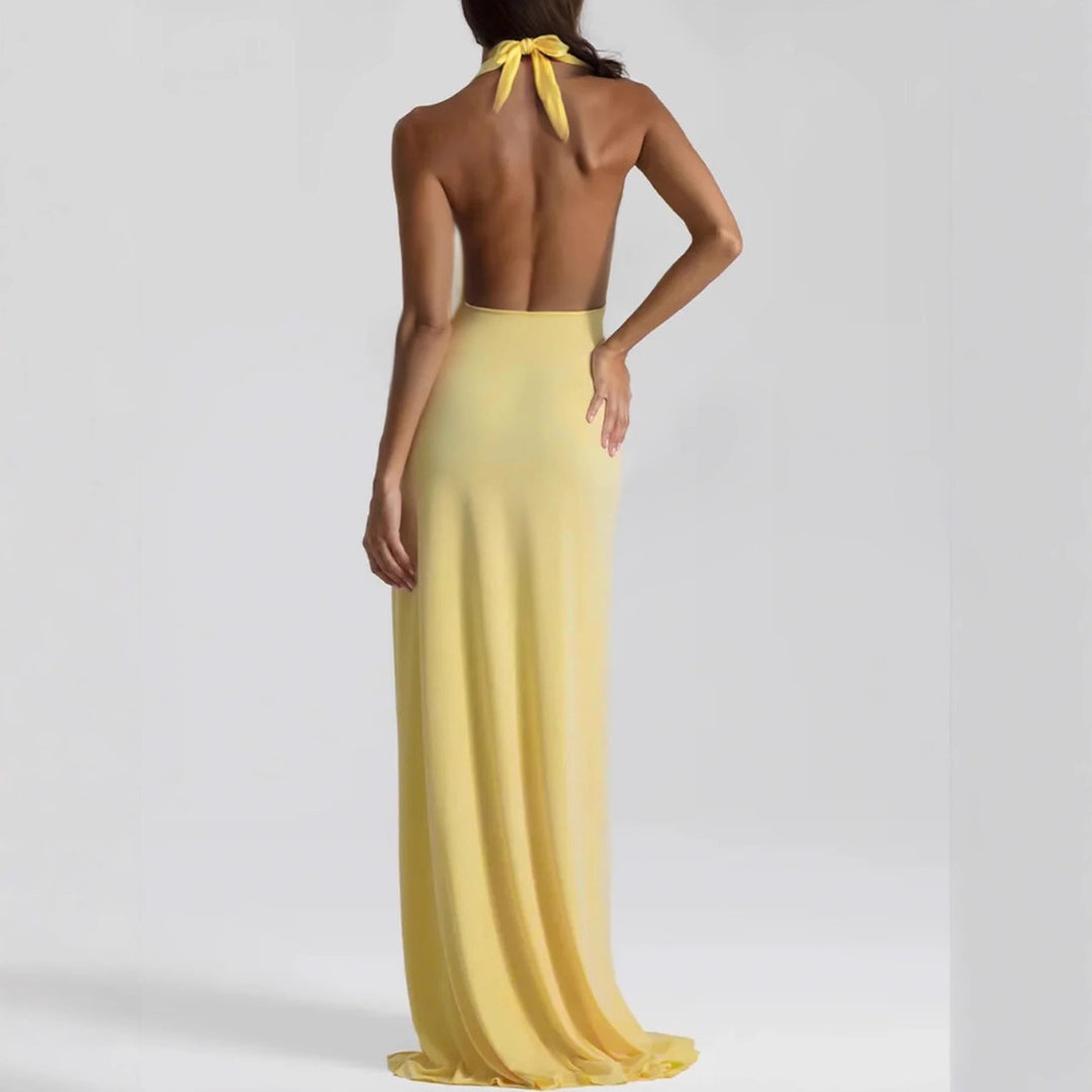 Deep V Tie Halter Dress Lightweight Buttercup N5Z833