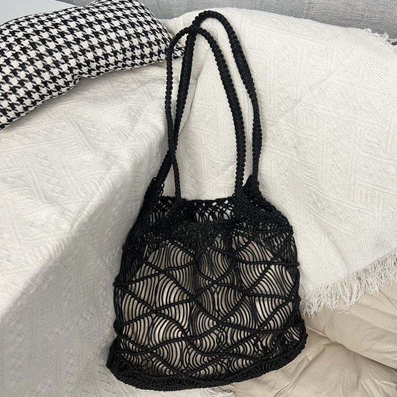 Open Weave Waxed Rope Beach Bag Large Straw Tote N6F116