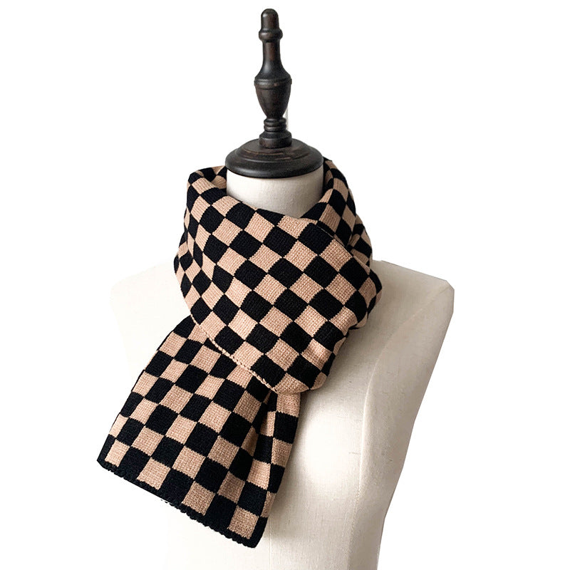 Checkerboard Knit Scarf Women Black Brown N6H250