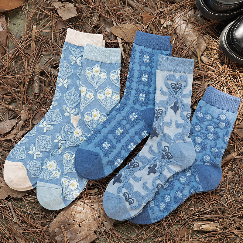 Vintage Blue Ethnic Style Mid-Calf Cotton Socks Women N6H020