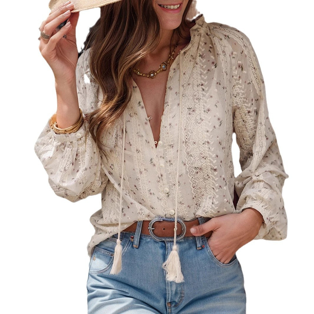 BohoSheer Embroidered Blouse Lightweight Beige N5A150