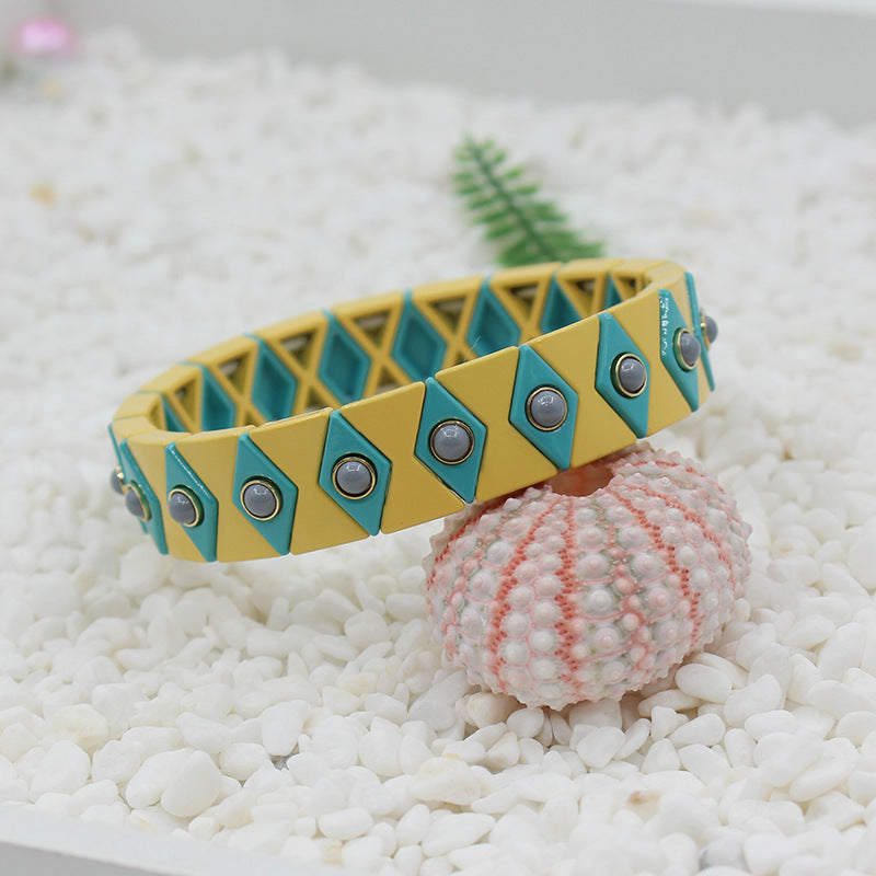 Evil Eye Enamel Bracelet Elastic  Boho Stove Enameled S5P048