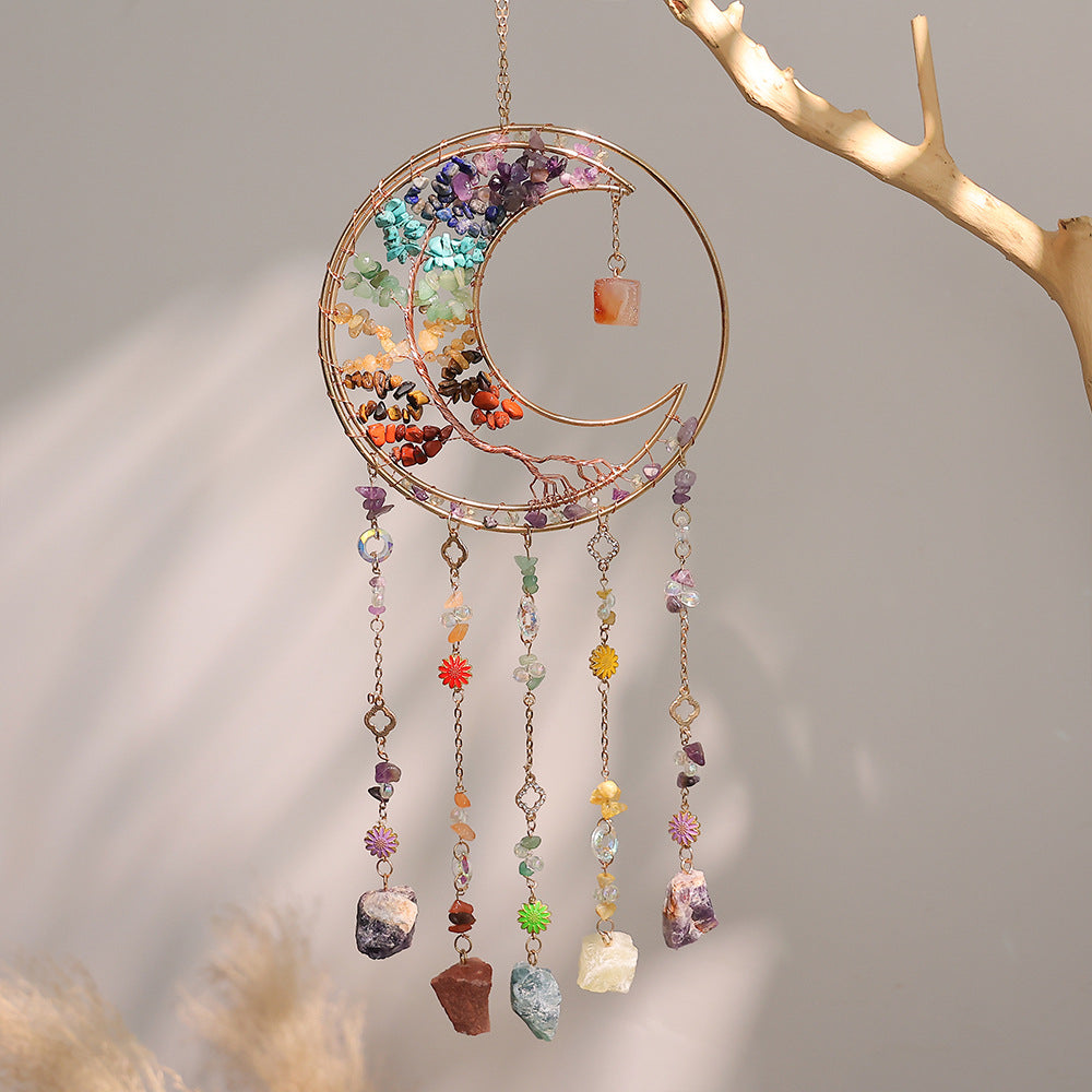 Simple Rainbow Clear Quartz Moon Wind Chime N6F302