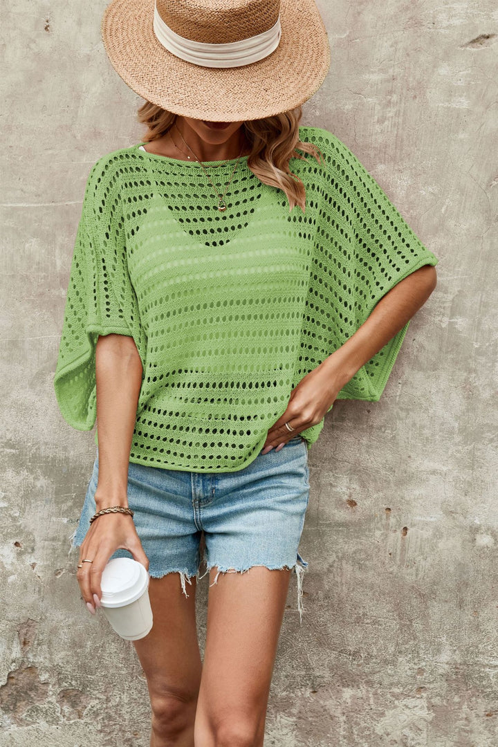 Round Neck Solid Bat Sleeve Loose Knit Top Women N6A075